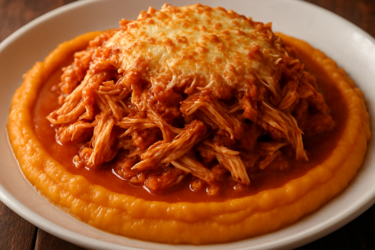 Frango com batata doce cremoso servido em prato branco com purê alaranjado e frango desfiado ao molho de tomate