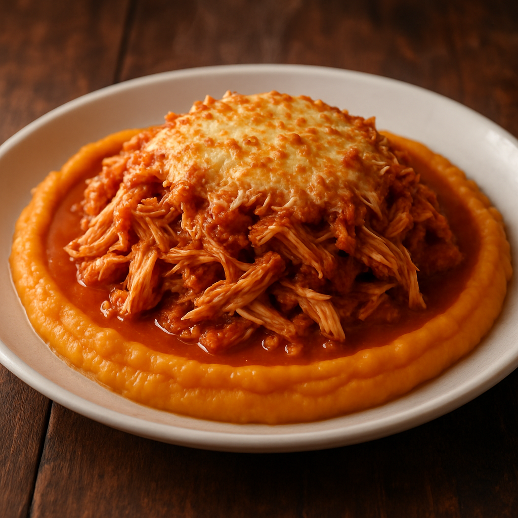 Frango com batata doce cremoso servido em prato branco com purê alaranjado e frango desfiado ao molho de tomate