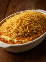 Frango com Catupiri e Batata Palha gratinado em travessa refratária com queijo derretido e crocante