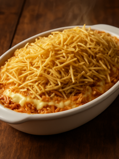 Frango com Catupiri e Batata Palha gratinado em travessa refratária com queijo derretido e crocante