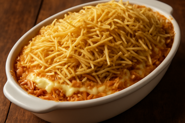 Frango com Catupiri e Batata Palha gratinado em travessa refratária com queijo derretido e crocante