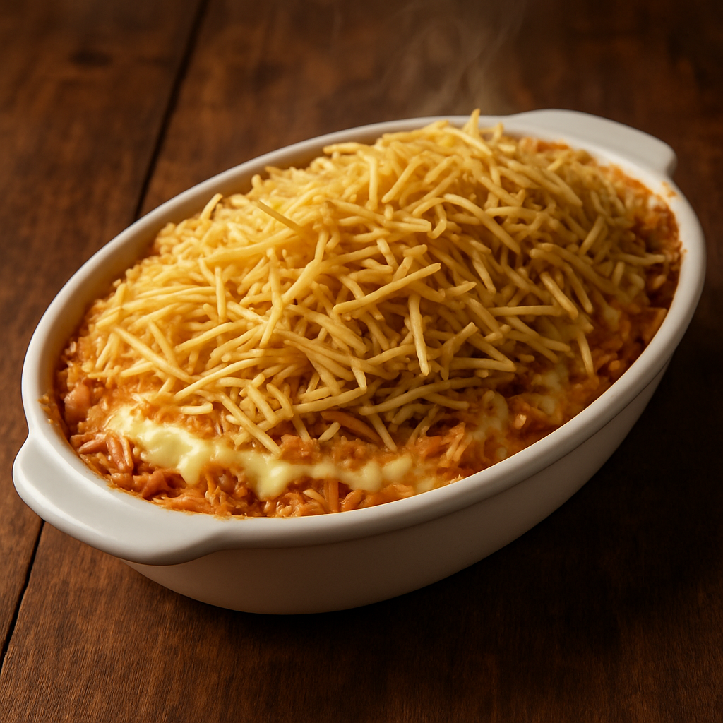 Frango com Catupiri e Batata Palha gratinado em travessa refratária com queijo derretido e crocante