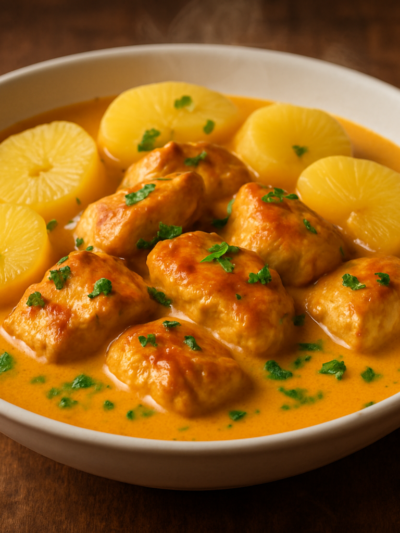 Frango com leite de coco cremoso servido com mandioca em prato fundo branco com cheiro-verde