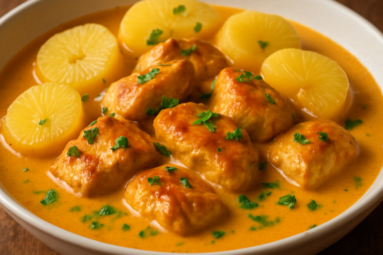Frango com leite de coco cremoso servido com mandioca em prato fundo branco com cheiro-verde