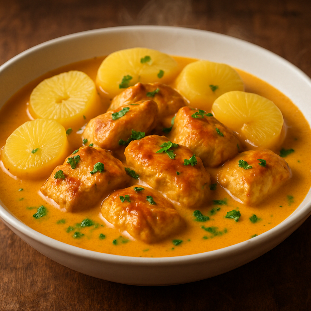 Frango com leite de coco cremoso servido com mandioca em prato fundo branco com cheiro-verde
