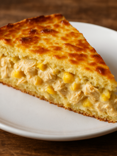 Fatia de torta de frango com requeijão cremoso gratinado com mussarela dourada, servida em prato branco