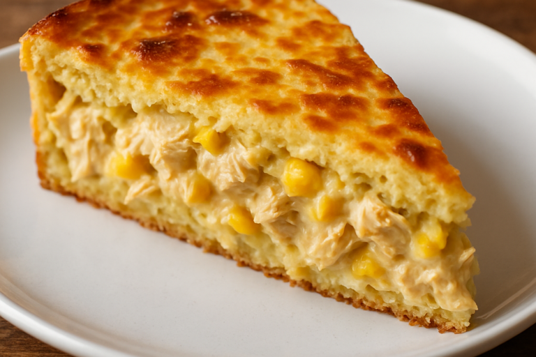 Fatia de torta de frango com requeijão cremoso gratinado com mussarela dourada, servida em prato branco