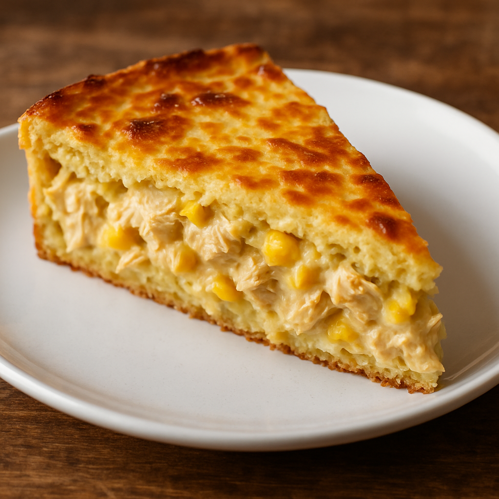 Fatia de torta de frango com requeijão cremoso gratinado com mussarela dourada, servida em prato branco