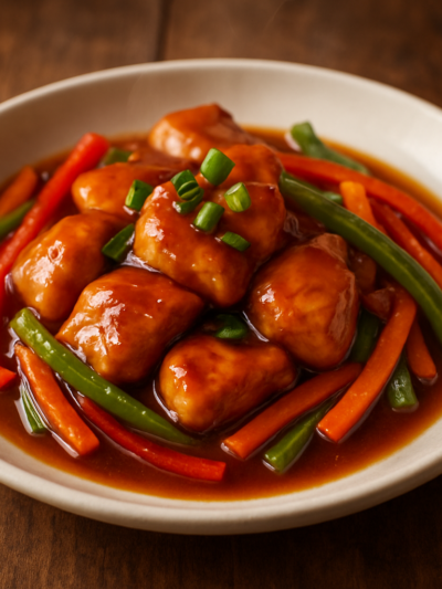 Frango Japosileiro suculento com legumes coloridos e molho de shoyu e laranja em prato branco