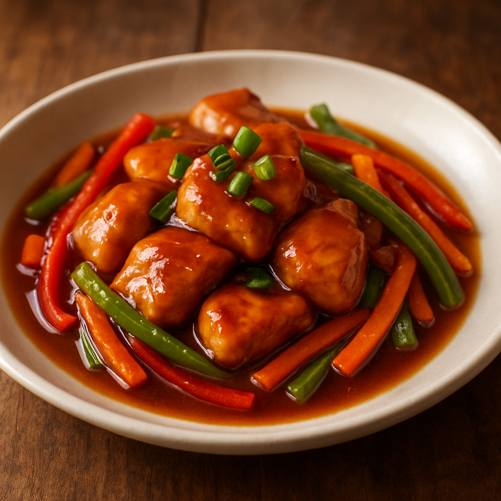 Frango Japosileiro suculento com legumes coloridos e molho de shoyu e laranja em prato branco