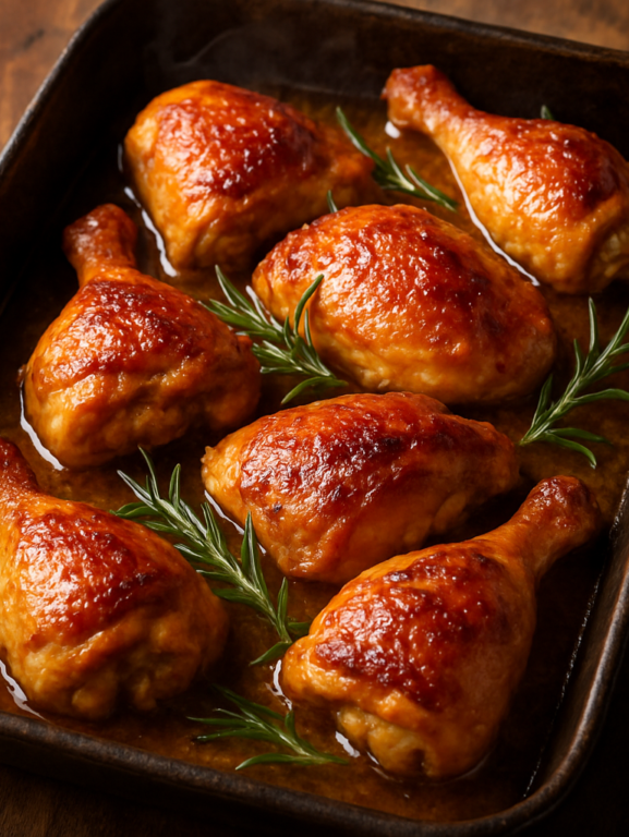 Frango Maravilha assado dourado e suculento com pele crocante caramelizada em assadeira
