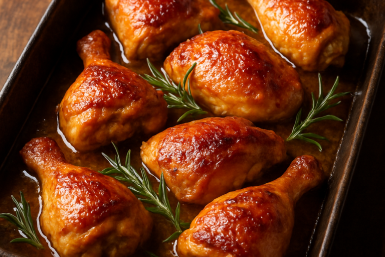 Frango Maravilha assado dourado e suculento com pele crocante caramelizada em assadeira