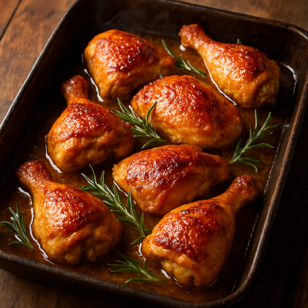 Frango Maravilha assado dourado e suculento com pele crocante caramelizada em assadeira