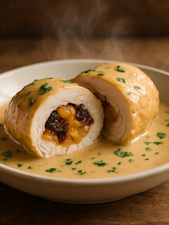 Frango supremo recheado com ameixas e damascos em molho cremoso de vinho branco servido em prato branco