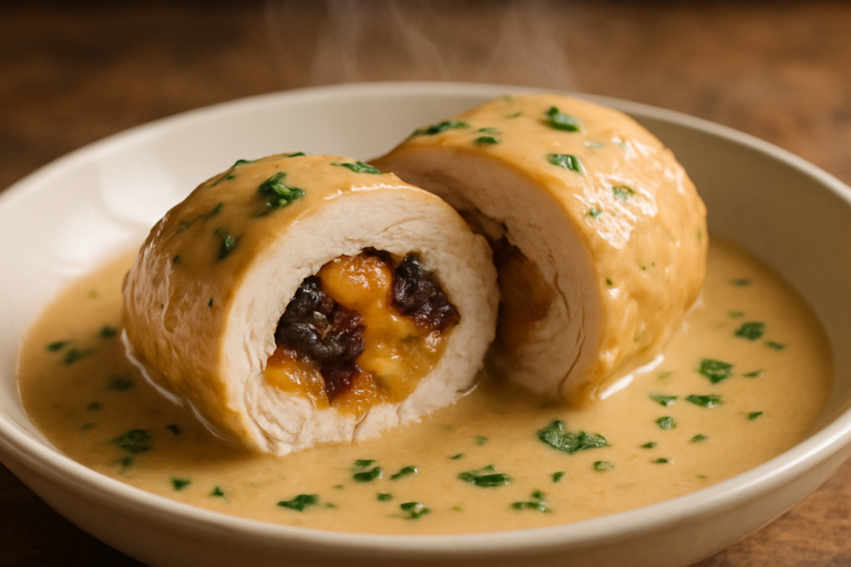 Frango supremo recheado com ameixas e damascos em molho cremoso de vinho branco servido em prato branco