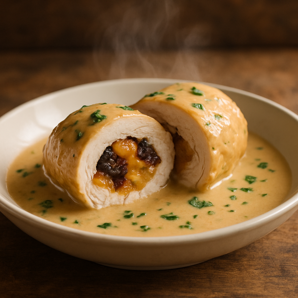 Frango supremo recheado com ameixas e damascos em molho cremoso de vinho branco servido em prato branco