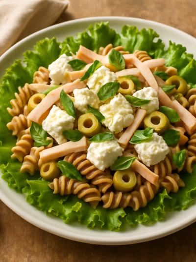 Fusilli integrale light e gostoso com ricota temperada, peito de peru e molho de limão com manjericão fresco em prato branco