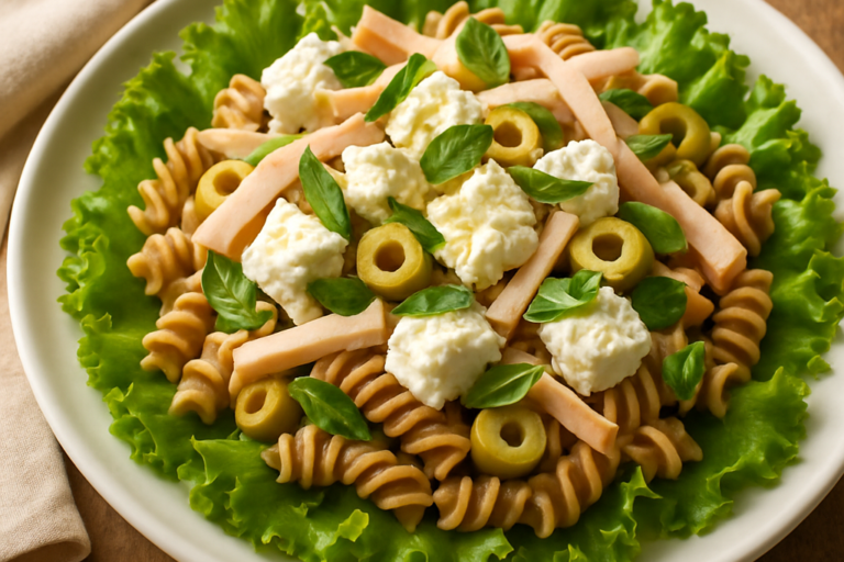 Fusilli integrale light e gostoso com ricota temperada, peito de peru e molho de limão com manjericão fresco em prato branco
