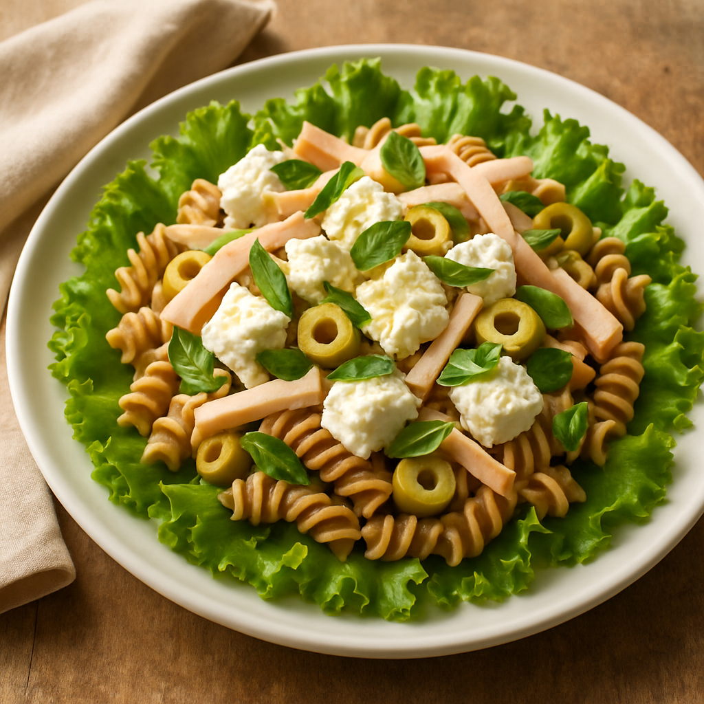 Fusilli integrale light e gostoso com ricota temperada, peito de peru e molho de limão com manjericão fresco em prato branco