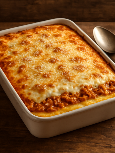 Galinha com farinha de polenta em camadas gratinadas com queijo dourado em refratário