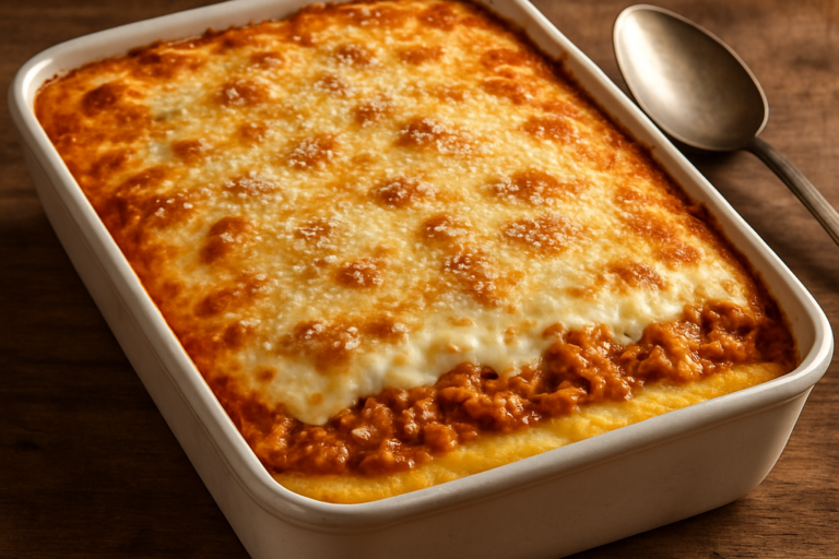 Galinha com farinha de polenta em camadas gratinadas com queijo dourado em refratário