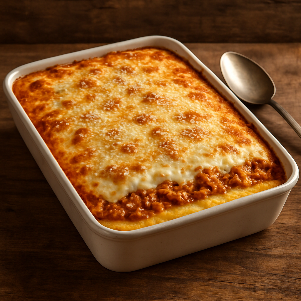 Galinha com farinha de polenta em camadas gratinadas com queijo dourado em refratário