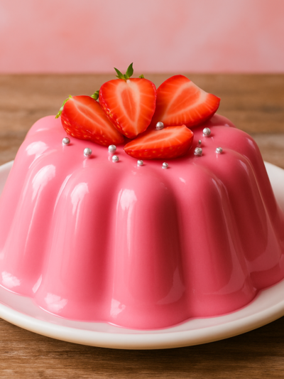 Gelatina da Barbie cremosa e rosada desenformada em prato branco, decorada com morangos frescos