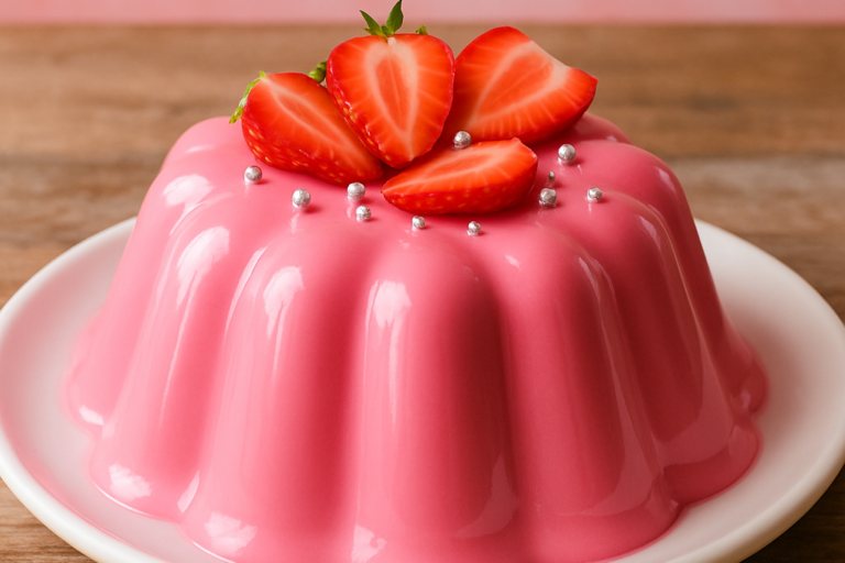 Gelatina da Barbie cremosa e rosada desenformada em prato branco, decorada com morangos frescos