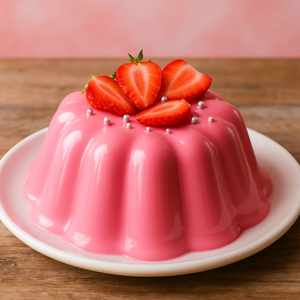 Gelatina da Barbie cremosa e rosada desenformada em prato branco, decorada com morangos frescos