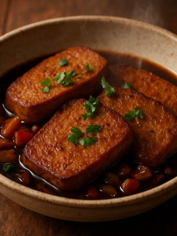 gluten prato vegetariano fatiado em molho de shoyu com cebola e salsa, servido em prato de cerâmica