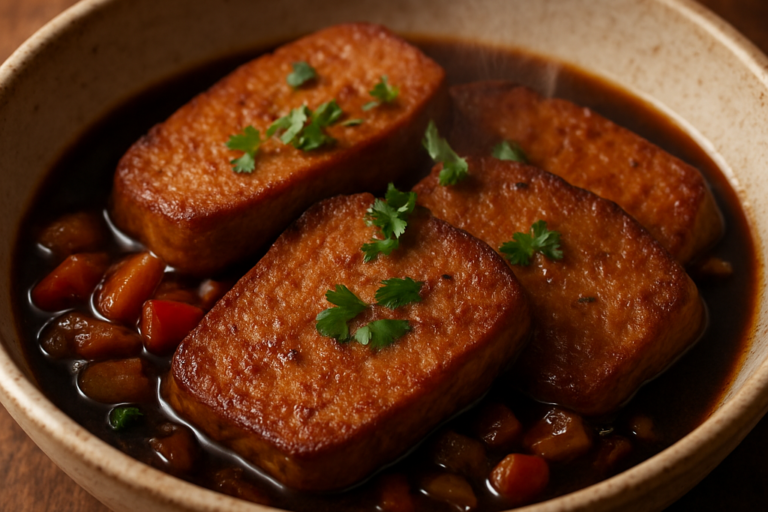 gluten prato vegetariano fatiado em molho de shoyu com cebola e salsa, servido em prato de cerâmica
