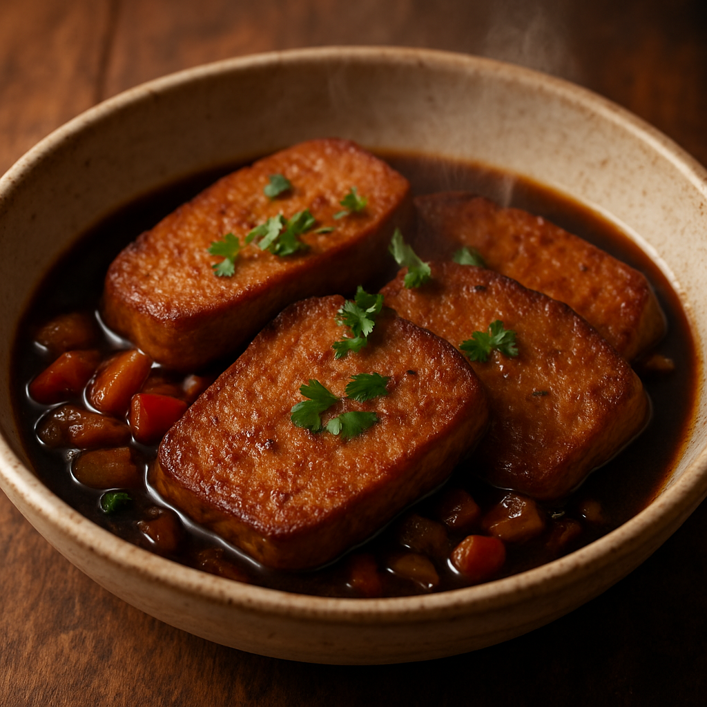 gluten prato vegetariano fatiado em molho de shoyu com cebola e salsa, servido em prato de cerâmica