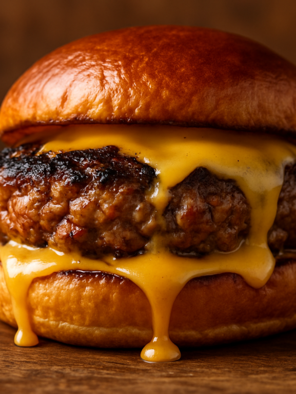 hamburguer caseiro suculento com crosta dourada e queijo derretido em pão brioche