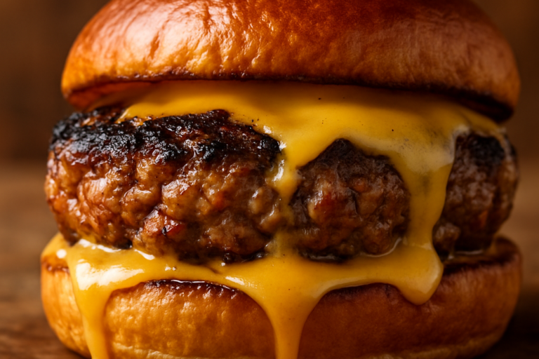 hamburguer caseiro suculento com crosta dourada e queijo derretido em pão brioche