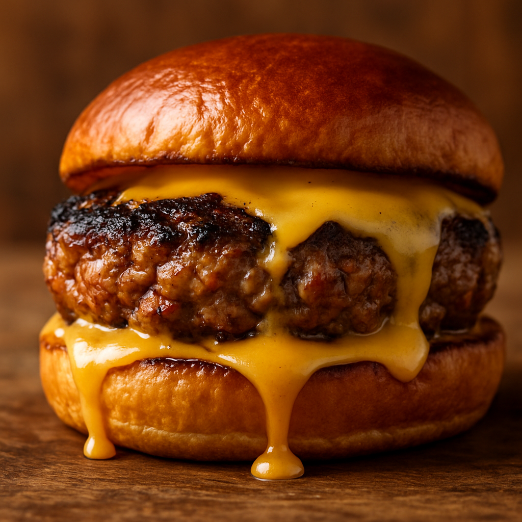 hamburguer caseiro suculento com crosta dourada e queijo derretido em pão brioche