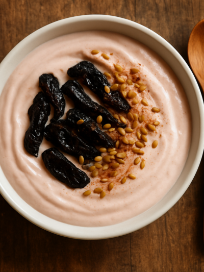 tigela de iogurte saboroso e saudável batido com ameixa seca e linhaça dourada, finalizado com canela em pó