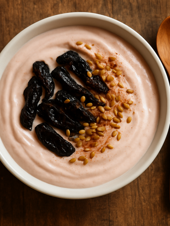 tigela de iogurte saboroso e saudável batido com ameixa seca e linhaça dourada, finalizado com canela em pó