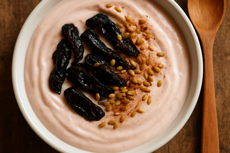 tigela de iogurte saboroso e saudável batido com ameixa seca e linhaça dourada, finalizado com canela em pó