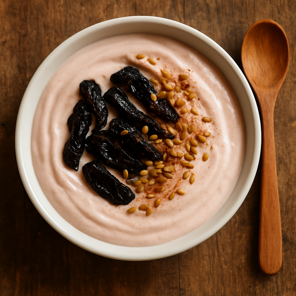 tigela de iogurte saboroso e saudável batido com ameixa seca e linhaça dourada, finalizado com canela em pó