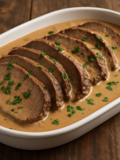 Lagarto com creme de leite fatiado em travessa branca com molho cremoso e salsinha