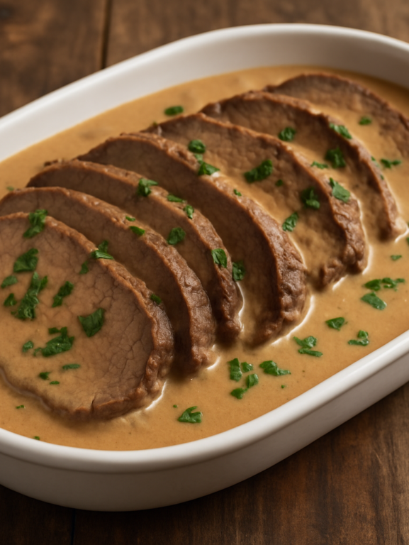 Lagarto com creme de leite fatiado em travessa branca com molho cremoso e salsinha