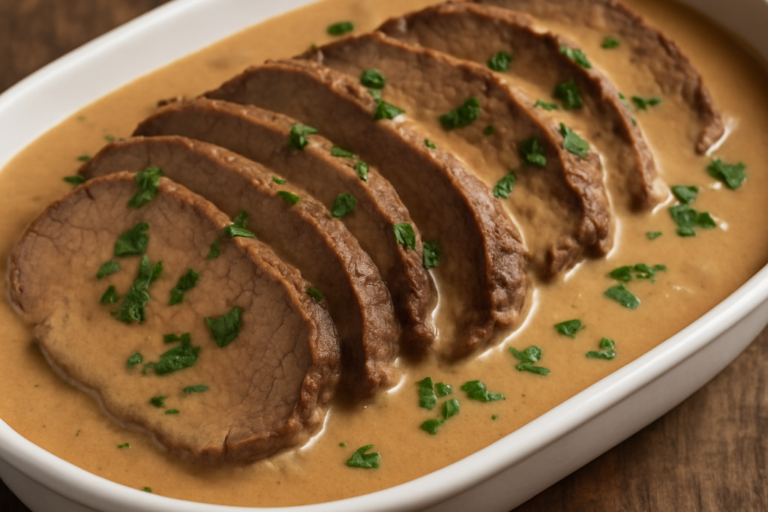 Lagarto com creme de leite fatiado em travessa branca com molho cremoso e salsinha