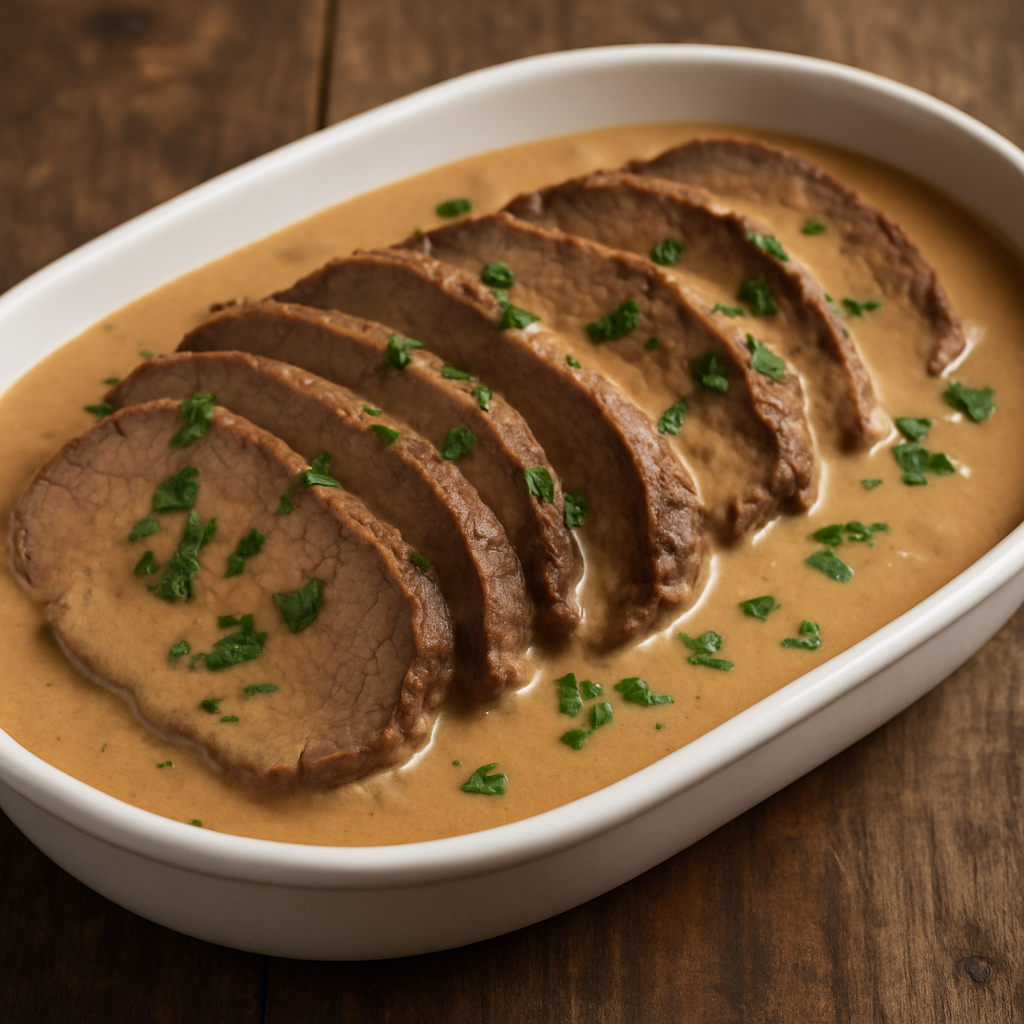 Lagarto com creme de leite fatiado em travessa branca com molho cremoso e salsinha