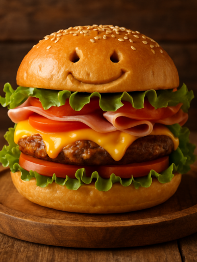 Lanche Feliz caseiro de frango desfiado com maionese em bandeja branca, cortado ao meio mostrando o recheio cremoso