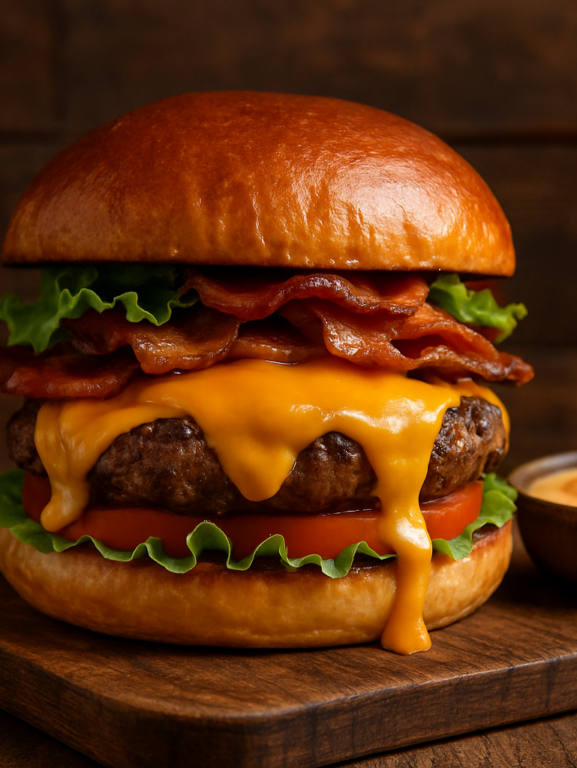 Lanche Moraes artesanal com queijo cheddar derretido e bacon crocante em pão brioche tostado
