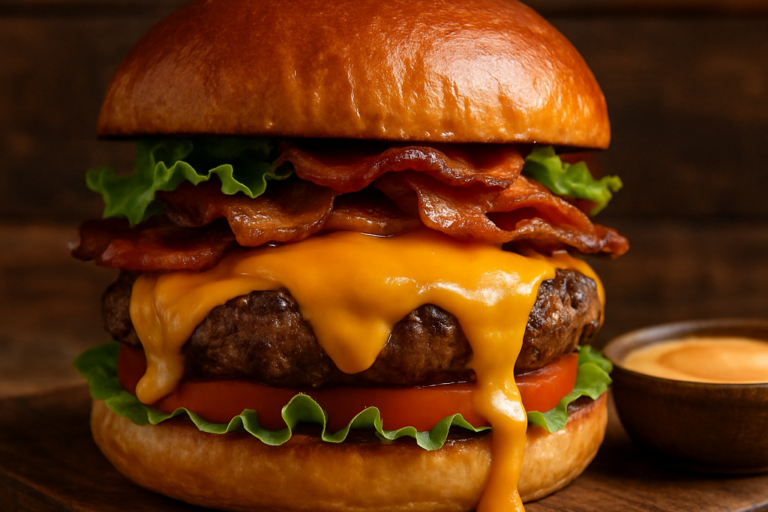Lanche Moraes artesanal com queijo cheddar derretido e bacon crocante em pão brioche tostado