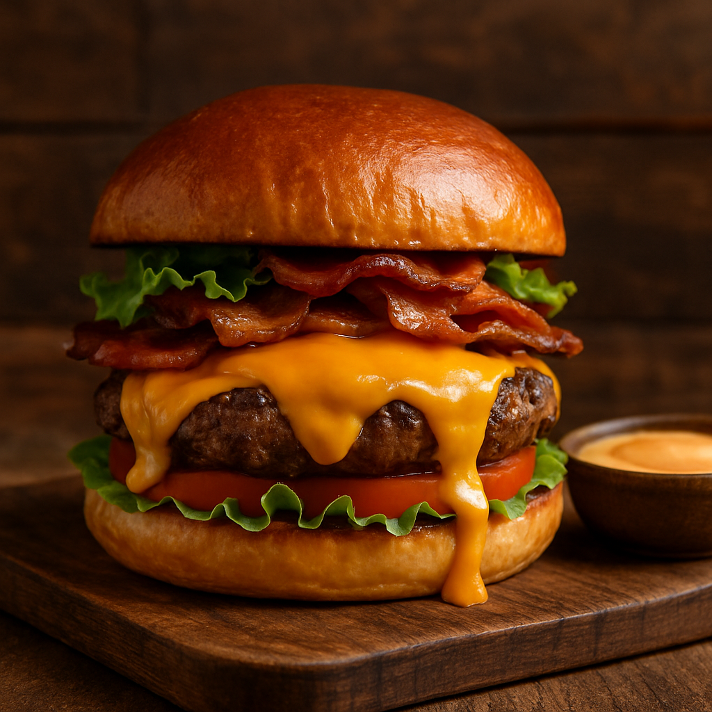 Lanche Moraes artesanal com queijo cheddar derretido e bacon crocante em pão brioche tostado