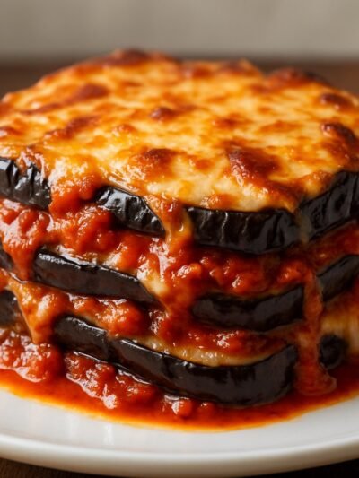 lasanha de berinjela saborosa sem massa com camadas de berinjela e queijo gratinado