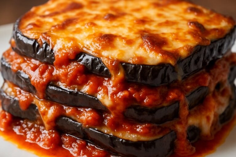 lasanha de berinjela saborosa sem massa com camadas de berinjela e queijo gratinado