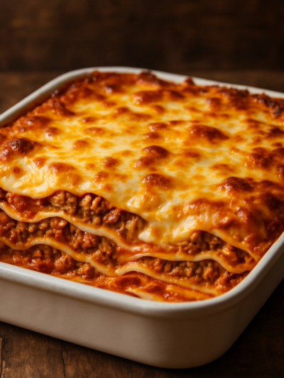 lasanha de massa de pastel em travessa com queijo gratinado dourado e camadas de carne moída e mussarela